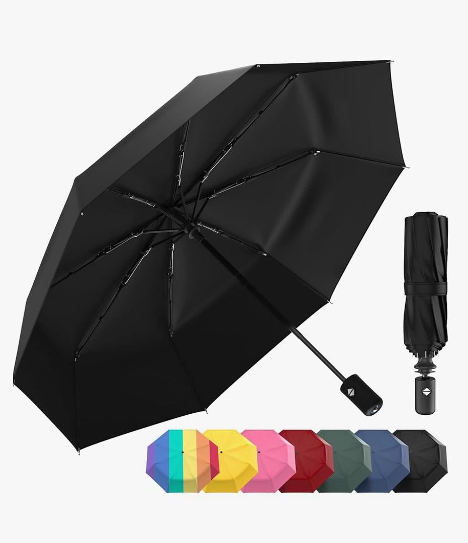 Rain-Mate Windproof Compact Umbrellas for Rain - Strong Reinforced Fiberglass Rib Design & Auto Open & Close - Portable Folding Travel Umbrella - Lightweight & Packable for Women & Men, Easy Collapse Black 2 Pack