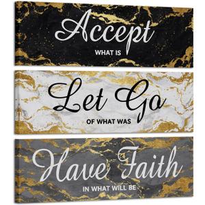iKNOW FOTO 3 Pieces Black Grey and Gold Wall Art Accept Let Go Have Faith Bedroom Wall Decor Rustic Marble Inspirational Quotes Decor Women Girl Bedroom Bathroom Each Size 4x12 Inches