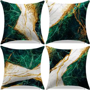 Green and Gold Throw Pillow Covers Set of 4-18x18 Inch Emerald Green and Gold Decorative Pillows for Home Decor Sofa, Couch, Bedroom, Living Room Decor Pillow Cases