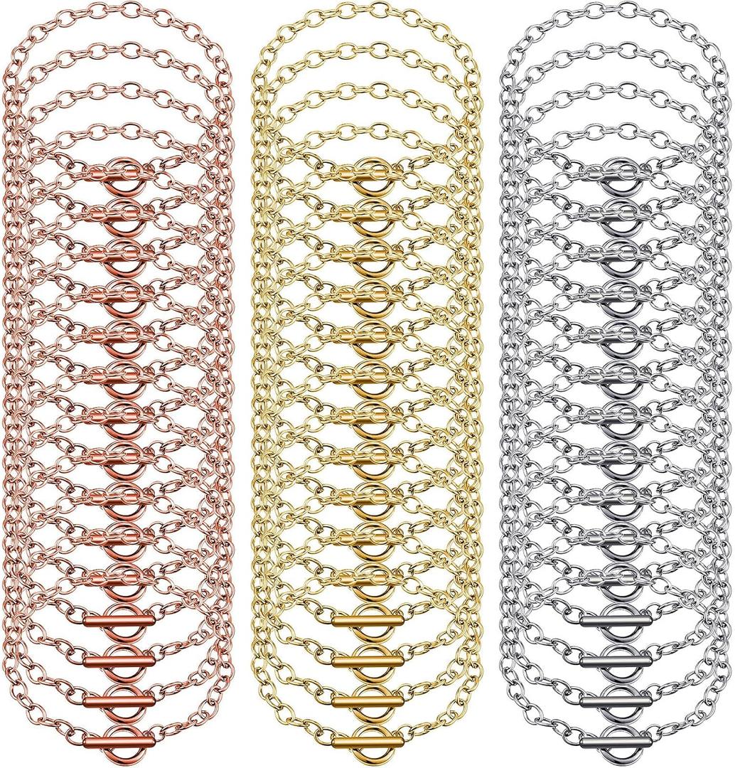 Hicarer 45 Pieces Bracelet Chains with OT Toggle Clasp Stainless Steel Bracelet Link Chains DIY Jewelry Making Supplies for Women Jewelry Crafts(Silver, Gold, Rose Gold)