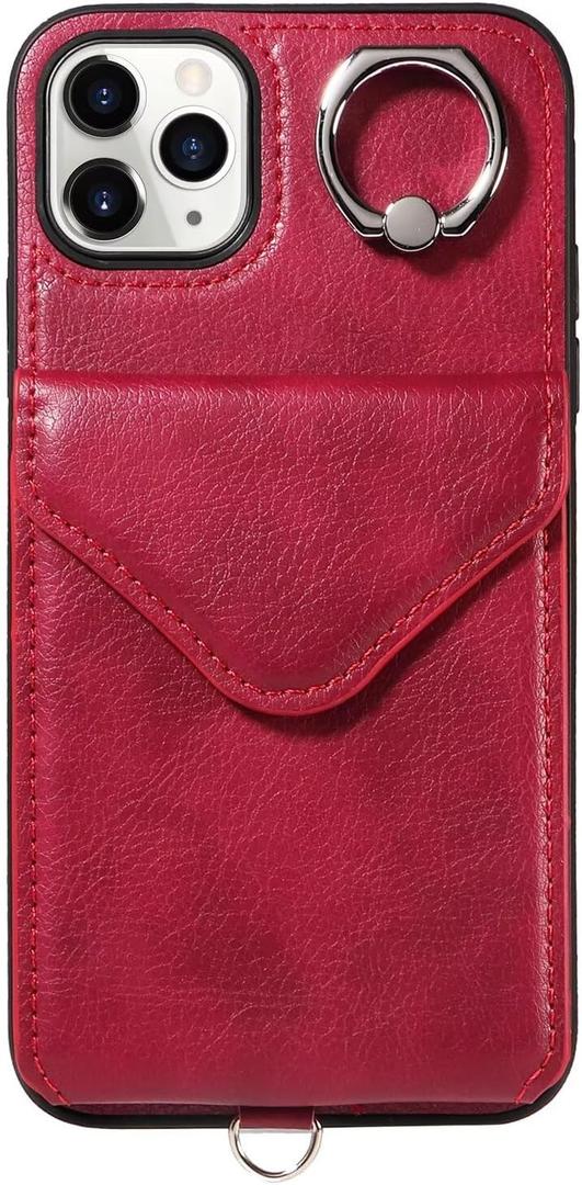 Compatible with iPhone 11 Pro Max Wallet Case, Premium PU Leather with 5 Card Slots Durable Ring Holder Phone Case with Strap, Ejector Pin & SIM Card Storage, Protective Shockproof Phone Cover Red