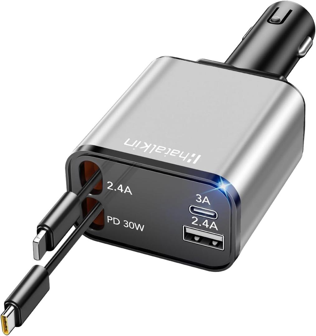 Retractable Car Charger 4 in 1, Compatible with iPhone 16 Car Charger Fast Charging, Type C Retractable Fast Car Charger, 69W USB C Car Charger Adapter for iPhone 16/15/14/13/12/Galaxy/Pixel (Sliver)