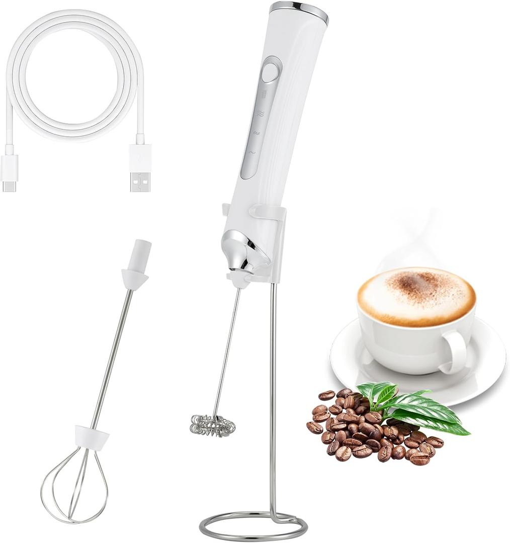 Handheld Electric Milk Frother with 2 Heads, Coffee Whisk Foam Mixer with USB Rechargeable 3 Speeds, Foam Maker Blender for Latte, Cappuccino, Hot Chocolate, Egg (White With StandW)