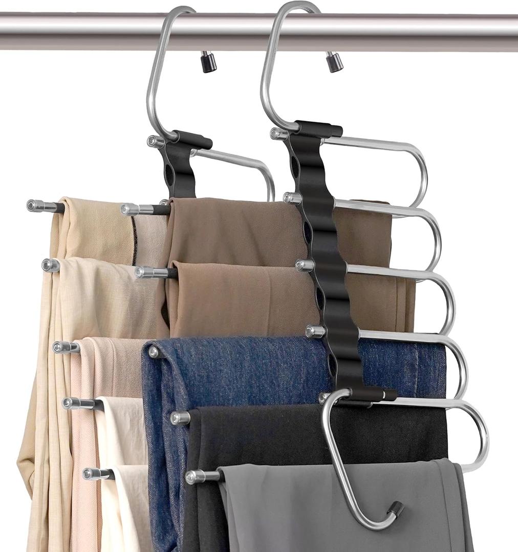 2 Pack Pants Hangers Space Saving- Multi Pants Hanger Save 80% Space - 5 in 1 Pant Rack Hanger for Clothes Organizer, Multifunctional Pants Rack with 10 Stainless Steel Anti-Slip.