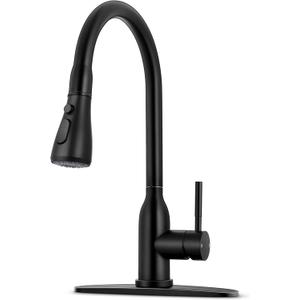 Herogo Kitchen Sink Faucets with Pull Down Sprayer Matte Black, Stainless Steel High Arc Single Level Pull Out Faucets with Deck Plate for Farmhouse Laundry Rv Utility Wet Bar