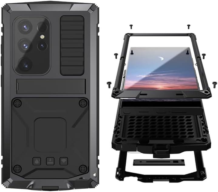 Simicoo Compatible with Samsung S24 Metal Bumper Silicone Case with Stand Built-in Screen Protector Gorilla Glass Hybrid Durable Military Shockproof Heavy Duty Rugged Full Body Camera Cover (Black)