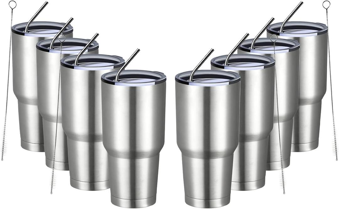 MEWAY 30oz Insulated Tumbler With Lids and Straws,Stainless Steel Double Vacuum Coffee Tumbler Cup, Brush, Durable Powder Coated Coffee Cup for Cold & Hot Drinks, Office, Travel(Silver,8 PACK)