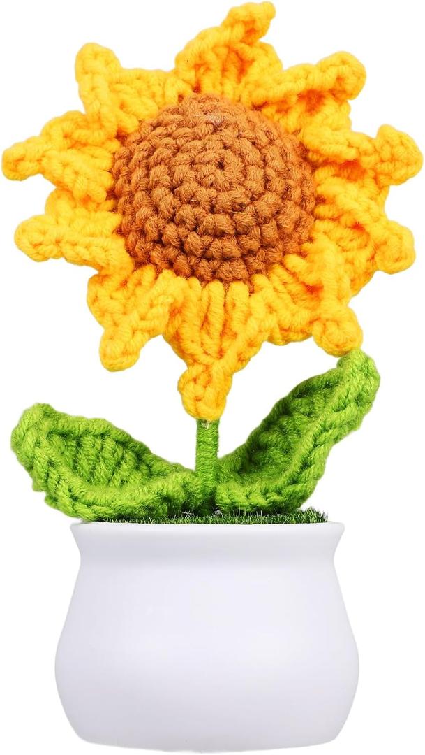 UKCOCO Crochet Sunflower Potted Plant 5.51x2.95x2.16In Hand-Knit Wool Décor – Zero-Maintenance Artificial Flower for Desk, Shelf, Car Dashboard – Cheerful Gift for Home & Office