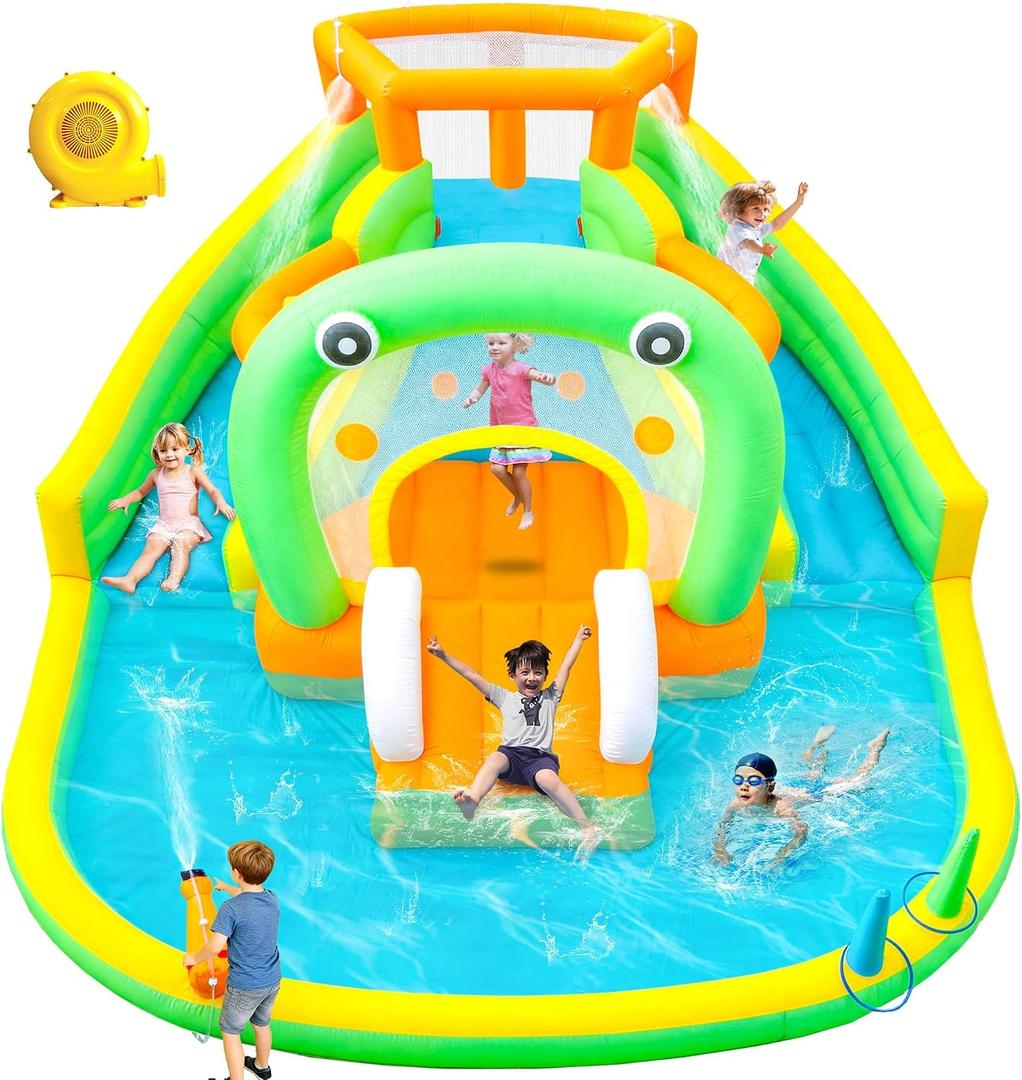 Inflatable Water Slide, 9-in-1 Bounce House with 3 Slides for Kids Aged 3-10, 165 x 152 x 79 Inches, Water Park with Blower for Backyard Party, Water Cannon, Climbing Wall