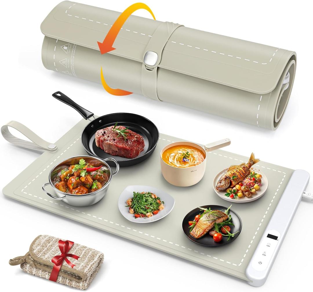 FYY Food Warming Mat - Electric Warming Tray with 6 Temperature Settings and 6 Hours Timer, Full Surface Graphene Heating Food Warmer, Premium Rollable Heating Tray for Gatherings, Parties, Khaki (X Large Size: 24"x15")