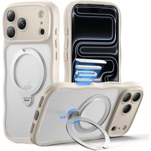 for iPhone 17 Pro Max Case for Women Girls with Stand,Compatible with MagSafe,Camera Control,Full Camera Protection, Cute Wave Magnetic Phone Case for iPhone 17 Pro Max,Stone