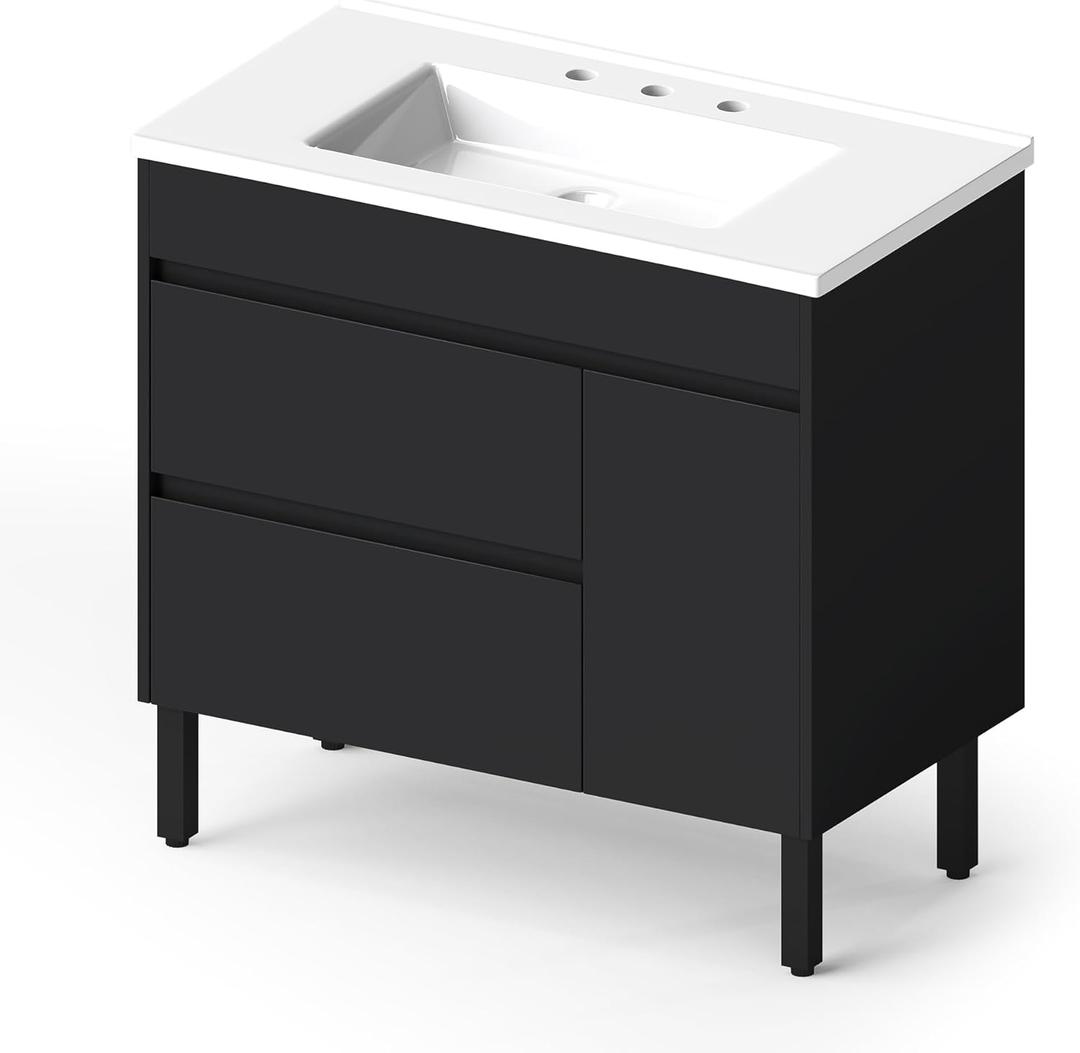 YITAHOME 36 Inch Bathroom Vanity with Sink, Bathroom Cabinet Vanity for Media Space, Freestanding Storage Bathroom Vanity with 1 Soft Closing Cabinet & 2 Drawers, Black
