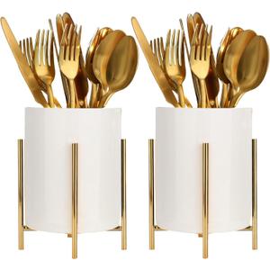 2 Set Silverware Caddy for Countertop,Sturdy Ceramic and Sturdy Metal Frame,Buffet Tableware, Party Table Decorations (Gold White)