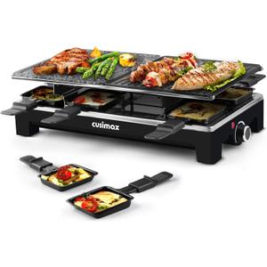 Raclette Table Grill, CUSIMAX Indoor Grill Electric Grill, Portable Korean BBQ Grill with 2 in 1 Reversible Non-stick Plate & Natural Grill Stone, 8 Raclette Pans 8 Wooden Spatulas for Family Fun (Jet Black)