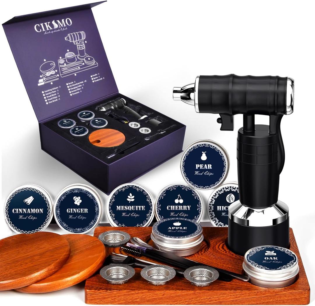 Electric Cocktail Smoker Kit - Rechargeable Whiskey Smoker Kit with Smoking Gun, Old-Fashioned Bourbon Smoker, Cold Smoker, Food Smoke Gun, Smoked Drink infuser, 8 Wood Chips, Butane Not required, Black