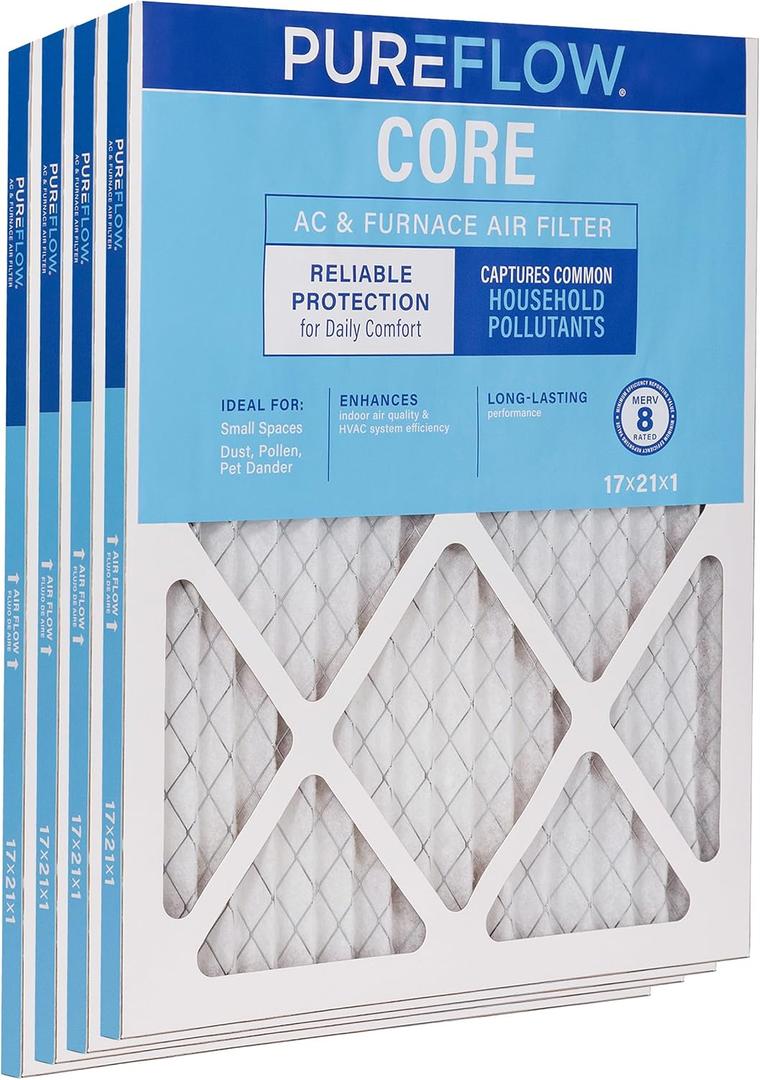PUREFLOW Home Air Filter MERV 8, 17X21X1 Furnace Filter, 4 Layer High Efficiency Filtration for Dust, Smoke, Fumes, Pollutants (4-Pack)