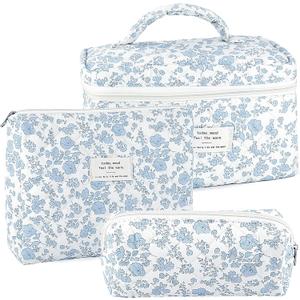 URSKYTOUS 3Pcs Makeup Bag Quilted Cosmetic Bag Set Bow Travel Large Makeup Pouch for Women Cute Portable Cotton Toiletry Bag Skincare Organizer Coquette Vintage Travel Essential (MH 3PCS White Blue)