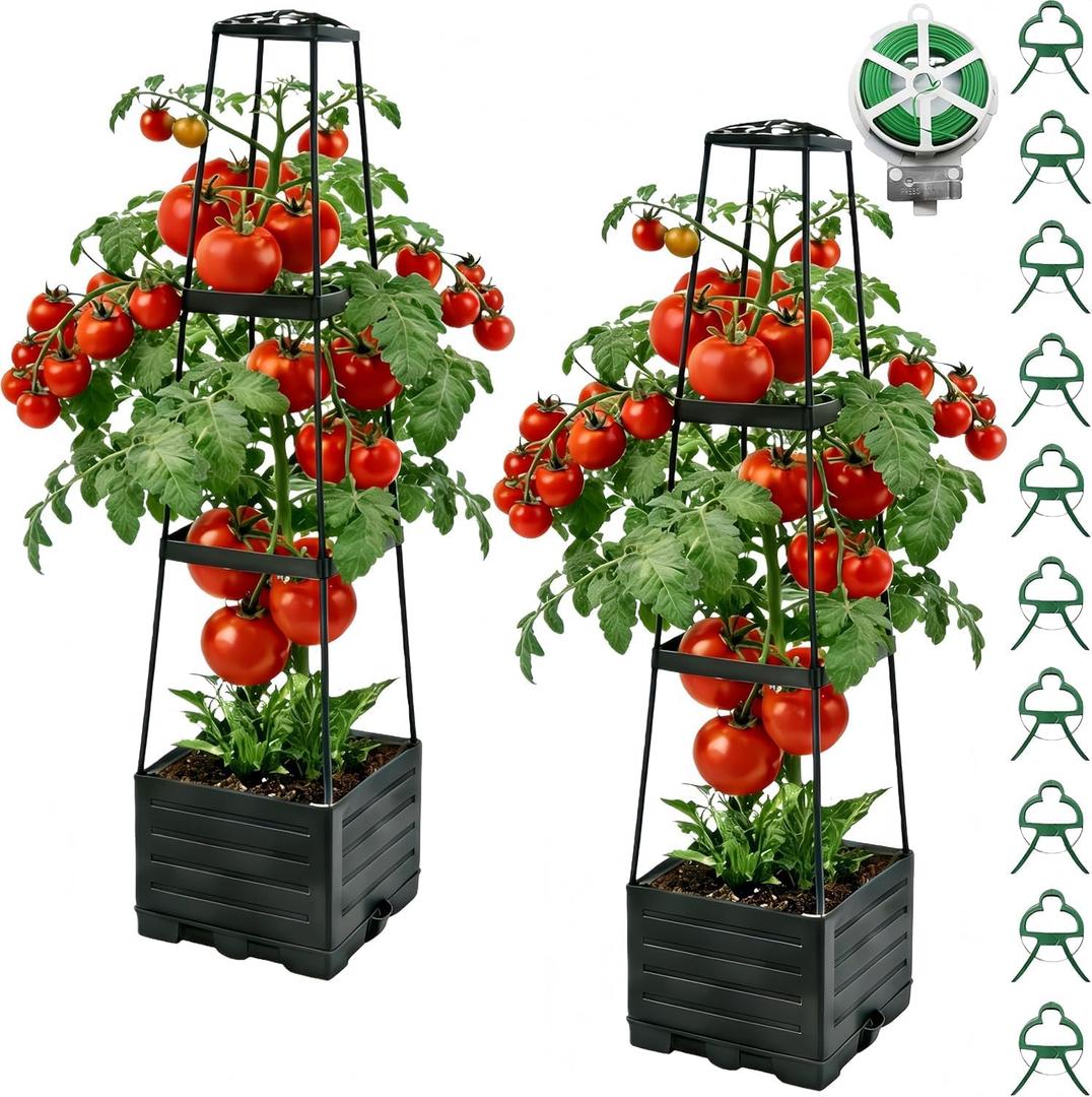 2Pcs Raised Garden Bed Tomato Planter Box with Trellis, 45 Inch Self-Watering Large Tomato Cage for Patio Garden Pots, Climbing Plants Cucumber Vine Vegetables Flowers Outdoor & Indoor