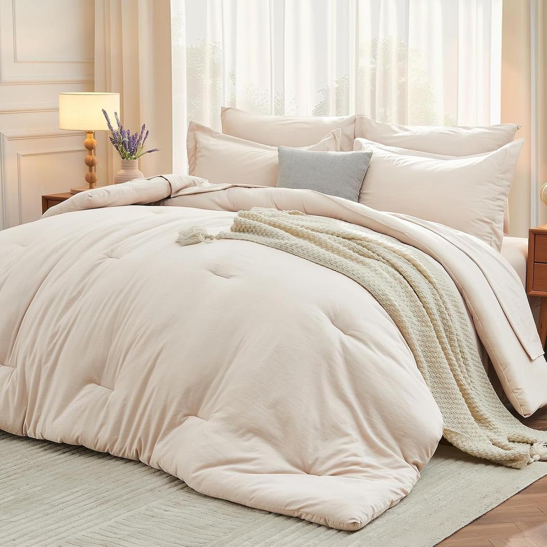 MUXHOMO 7 Pieces California King Comforter Set, Soft Bed in a Bag Cal King Size, All Season Bedding Set with Comforter, Flat Sheet, Fitted Sheet, Pillowcases & Shams, Beige
