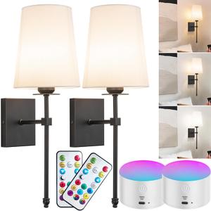 Slim Wall light Fixture Battery Operated Wall Sconce Set Of Two White Fabric Shade Wall Sconce with Remote Control, Indoor Not Hardwired Dimmable Battery Powered Wall Lamp For Bedroom, Bulb Included ( (Black)