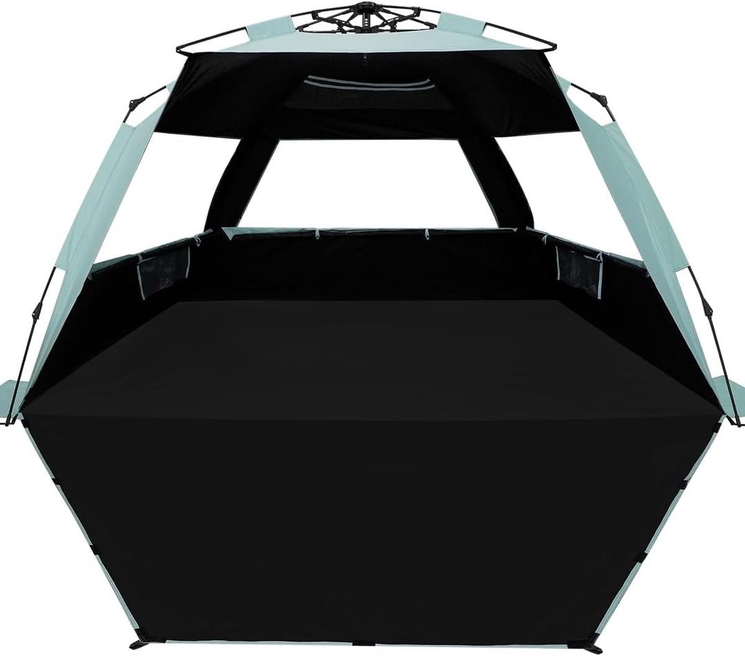 WhiteFang Deluxe Pop Up Beach Tent Sun Shade Shelter for 3-4/5-6 Person, UV Protection, Extendable Floor with 3 Ventilating Windows Plus Carrying Bag, Stakes, and Guy Lines (Blackout Shelter-Mint Green)