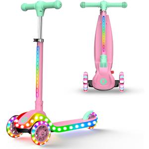 2-in-1 Adjustable Kick Scooter for Kids 3-5 (Suitable 3-12 Years),5-Level Handlebar & Removable Seat, LED Light-Up Wheels, Wide Deck, Foldable Design for Indoor/Outdoor Use - Girls & Boys