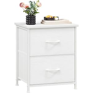 Somdot Nightstand, Small 2 Drawer Dresser End Table, Chest of Drawers, Bedside Table Night Stand End Table with Fabric Bins for Bedroom Kids Closet Dorm Guest Room, White Leather, 11.8"D x 16.5"W x 19.7"H