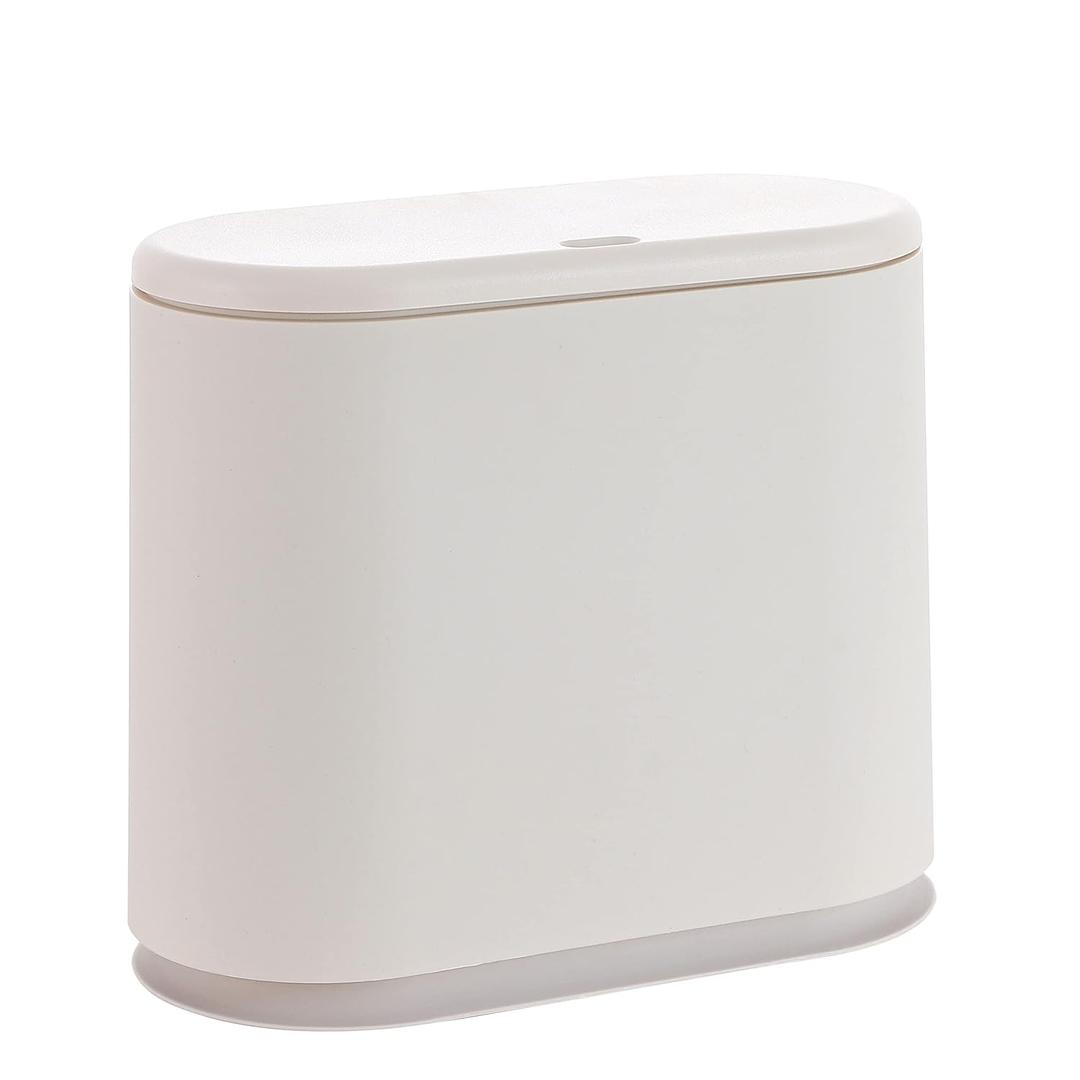 White Slim Rectangular Plastic Trash Can with Press Type Lid, 8 Liter / 2.1 Gallon Narrow Trash Bin with Pop-up Lid for Toilet, Bedroom, Bathroom, Office, Kitchen, Powder Room (8L)