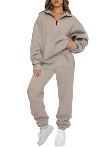 AUTOMET Women's Sweatsuits 2 Piece Outfits Lounge Sets Long Sleeve Half Zip Pullover and Baggy Sweatpants with Pockets CoffeeGrey L, 