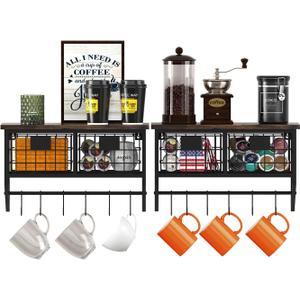 Helsin Industrial Wall Mounted Metal Wood Floating Shelves with Baskets Hooks Hanging Display Shelf Sundries Holder for Coffee Bar Kitchen Bathroom Organization and Home Decor, Black (16inch, 2 Sets)