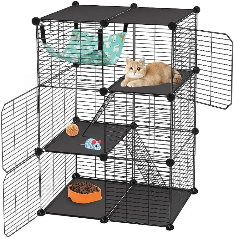 Large Cat Cage Indoor, 3-Tier Cat Enclosure 28"x18"x42", Multi-Level Cat Playpen for 1-2 Cats Kittens, Metal Wire Cat Crate with Hammock & Ramp, Small Pet Cage for Rabbit Guinea Pig Ferret