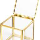 Feyarl Small Glass Jewelry Trinket Box Ornate Rings Earrings Display Shadow Box Treasure Chest Organizer Decorative Keepsake Case with Lid for Wedding Birthday Gift (Gold)