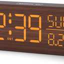Peakeep Wooden Digital Alarm Clock Large Display, Textured Desk Table Decoration for Bedroom, Living Room, Plug in Clock with Time Date Day, 5 Brightness, Auto DST