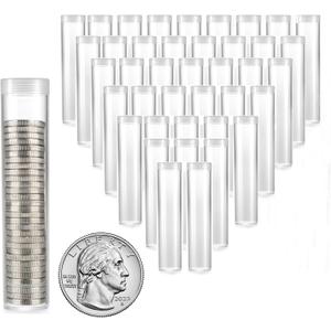 MUDOR 40 Pack Coin Storage Tube for Quarter, Plastic Coin Holders Tube with Screw-On Caps, Coin Collection Supplies, Long-Term Coin Storage(Quarter)