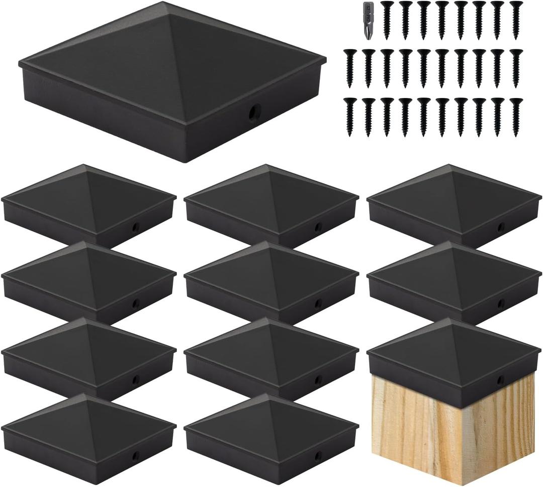 VIVIDA 4x4 Aluminum Post Caps(Actual 3.5" x 3.5"), Black Metal Fence Post Caps with Waterproof Matte Powder Coated, for Wooden Fence, Deck, Mailbox, Patio, Screw & Driver Bit Included, 12 Pack