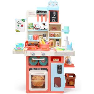 HOLYFUN Kids Kitchen Playset, Kitchen Set for Toddler with Sound and Light, Cooking Stove with Steam, Play Sink and Toy Kitchen Accessories, Pretend Kitchen Toys for Kids Girls Boys, Pink