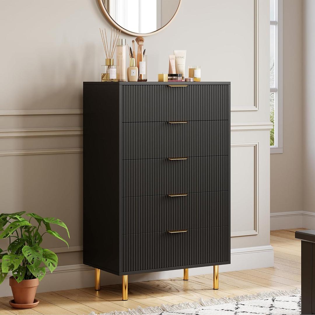 GarveeHome Black Dresser, Modern 5 Drawer Dresser for Bedroom with Gold Handle and Large Drawer, Wood Double Chest of Drawers and Storage Organizer for Living Room, Hallway, Entryway