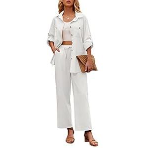 Zeagoo Women 2 Piece Linen Sets 2025 Button Down Shirt and Drawstring Long Pants Set Summer Outfitsï, White, M