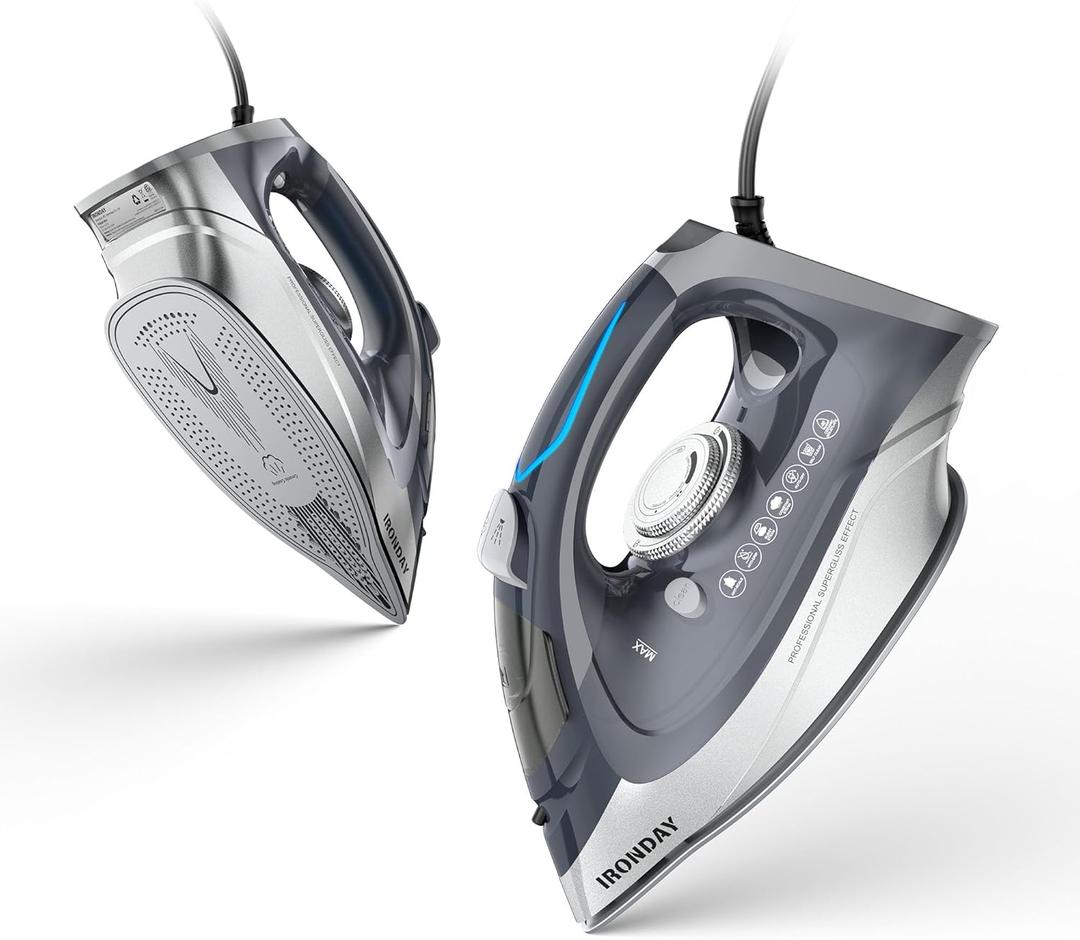 IRONDAY Steam Iron for Clothes Rapid Heating, 1700W Iron Burst of Steam, Non-Stick Ceramic Soleplate, Auto shutoff, Anti-Drip, Self-Cleaning, 10.14oz Water Tank Ironing Clothes for All Fabrics, Grey