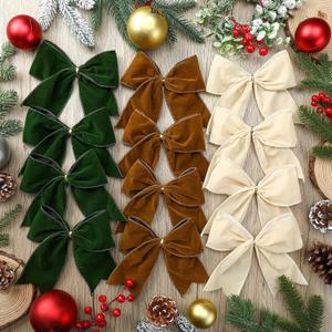 Janinka 12 Pcs Christmas Velvet Bows 6 Inch Rustic Wreath Gift Bows Vintage Xmas Velvet Ribbon Bow Ornaments for Christmas Farmhouse Tree Garland DIY Craft Wrapping Decorative(Milky White,Brown,Green)