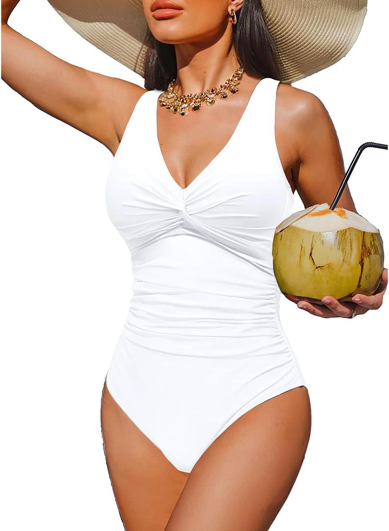 Holipick Women Tummy Control One Piece Swimsuit - Push Up Bathing Suit Full Coverage Slimming Swimwear (XX-Large, White)