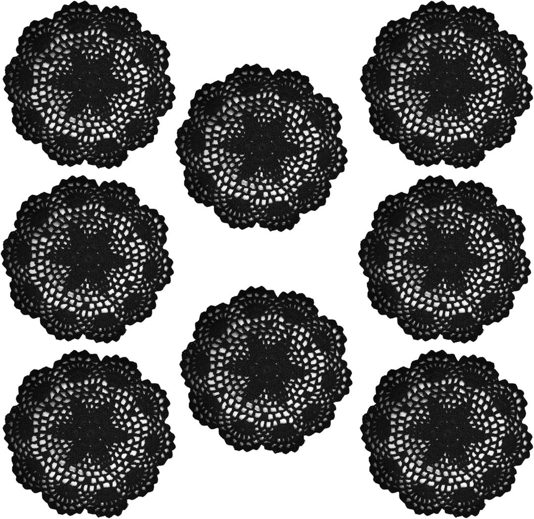 Phantomon 8 Inch Doilies Crochet Round Lace Doily Handmade Placemats 100% Cotton Crocheted Coasters, Flower Design, Pack of 8 (Black)