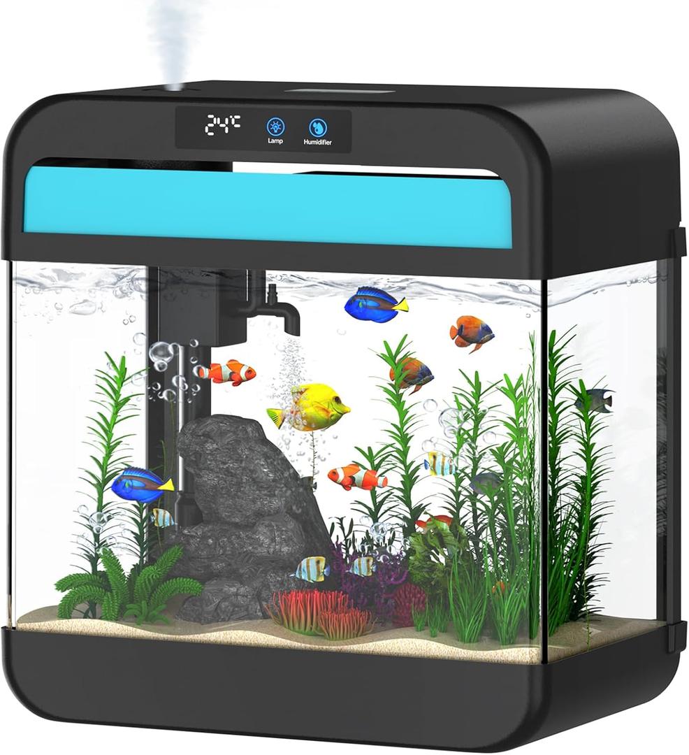 Fish Tank Small Aquarium 2.2 Gal Fish Bowl with Humidifier 7 Color Auto-Looping Light 3 in 1 Quiet Pump with Filteration & Oxygenation & Circulation, Temperature Display, HD Glass, Thickened Base