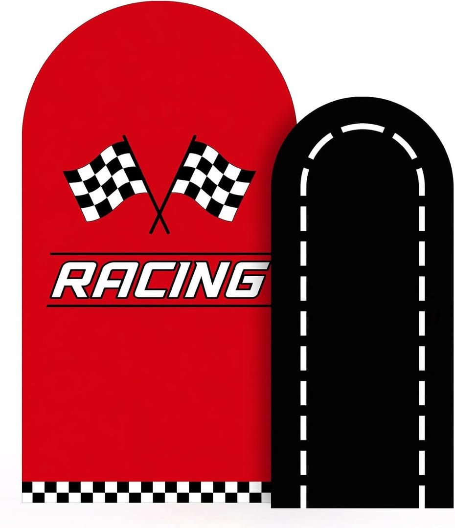 Tranqun 2 Sets Racing Car Arch Backdrop Covers 6/7.2ft | Red Black White Checkered Arch Cover, Happy Birthday Backdrop for Birthday Party Baby Shower, Photography Studio Props, 6 x 2.6FT and 7.3 x 4FT