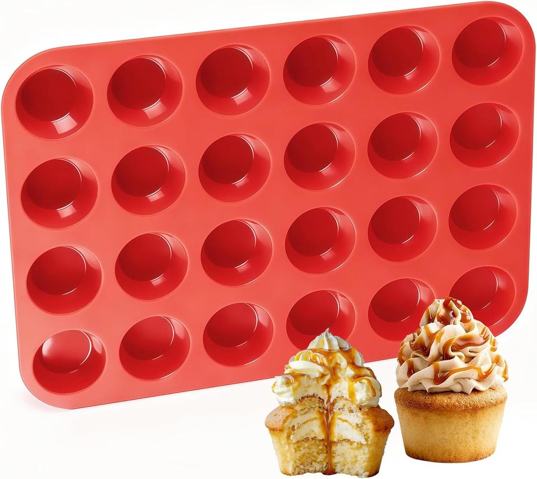 CAKETIME Silicone Muffin Pan Mini 24 Cups Cupcake Pan, Nonstick Food Grade Silicone Mold Baking Pan 1 Pack