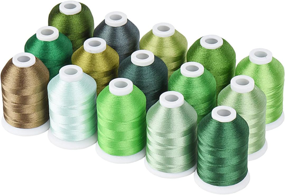 Simthread Embroidery Thread Green Series Polyester Multi-Purpose Serger Thread 15 Spools Set, Each Spool 40WT and 1100YD for Embroidery Sewing Machine