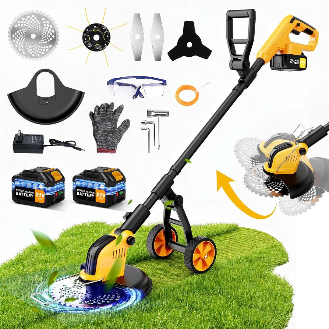 6000mAh Cordless Electric Weed Wacker, 12" Brushless Cordless String T,rimmer, 4 in 1 Weed Eater/Brush Cutter/Weed Trimmer with 2*Batteries Powered & Auxiliary Wheels, Grass Trimmer (Yellow)
