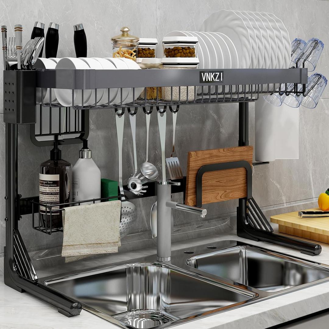 VNKZI Over Sink Dish Drainer Drying Rack, 2 Tier Stainless Steel Storage Adjustable Length (25.98'' to 36.61'') Kitchen Rack, Multifunctional Expandable Counter Organizer Shelf, Space Saver Dish Rack (Black Gray)