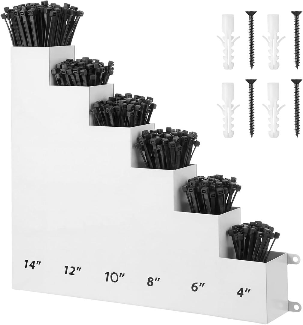 Cable Zip Tie Storage Holder Rack Metal Zip Tie Organizer Wall Mount Pockets with Screws for Workshop Shed Garage Home Ties, Ties and Tools Not Include(White,14 x 13 Inch,6 Pockets)