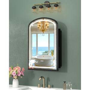20" x 28" Black LED Bathroom Medicine Cabinet Mirror, Lighted Medicine Cabinets with Mirrors and Storage Wall Mount & Recessed, Dimmable 3 Lighting Colors and Anti-Fog, 1 Organizer, Daisy Beaded Frame